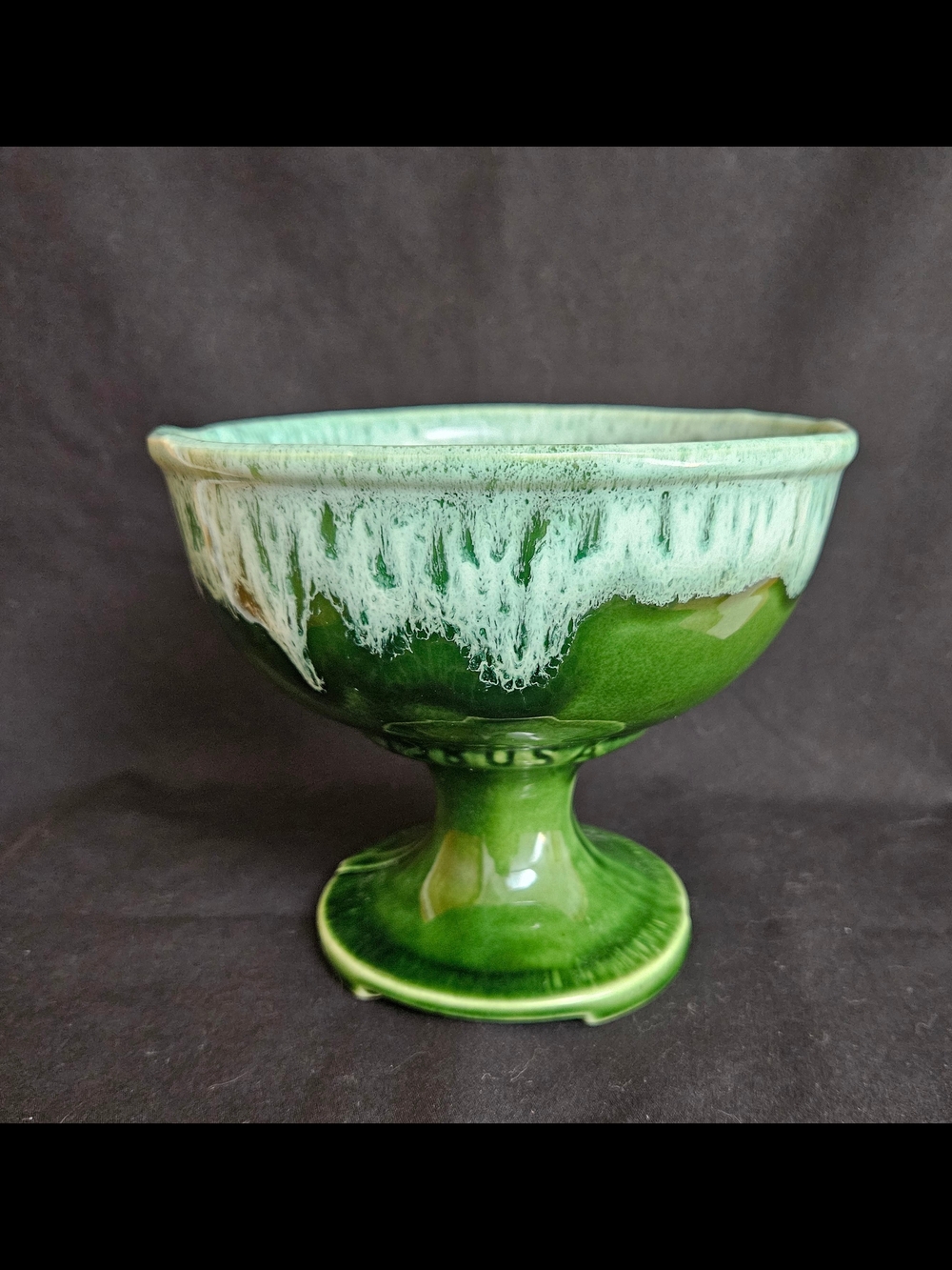 Vintage Green & White Drip Glaze Pedestal Planter Or Compote~USA #128~6" Round